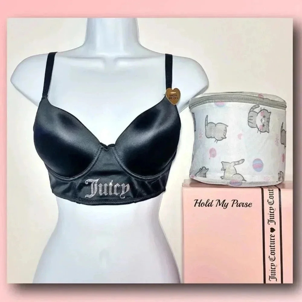 Juicy Couture Sexy Black Push Up Bra size 34B & Cute Cat Lingerie Wash Bag New